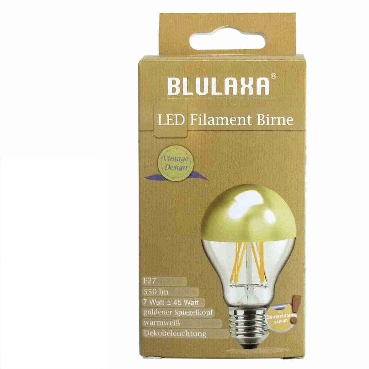 Blulaxa - LED Filament Vintage Birne Spiegelkopf gold 7 Watt E27 827 Warmweiss extra 2700 Kelvin