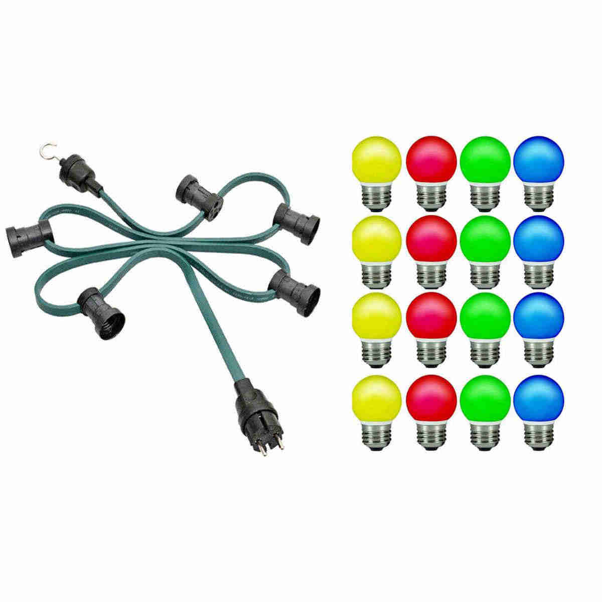 H05RNH2-F2x1,5 Illu-Lichterkette grün 20m IP44 inkl. 20x E27 Fassungen, 20x Dichtringe inkl. LED Tropfenlampen E27 rot, grün, gelb, rot, blau für innen und aussen (Kalt)